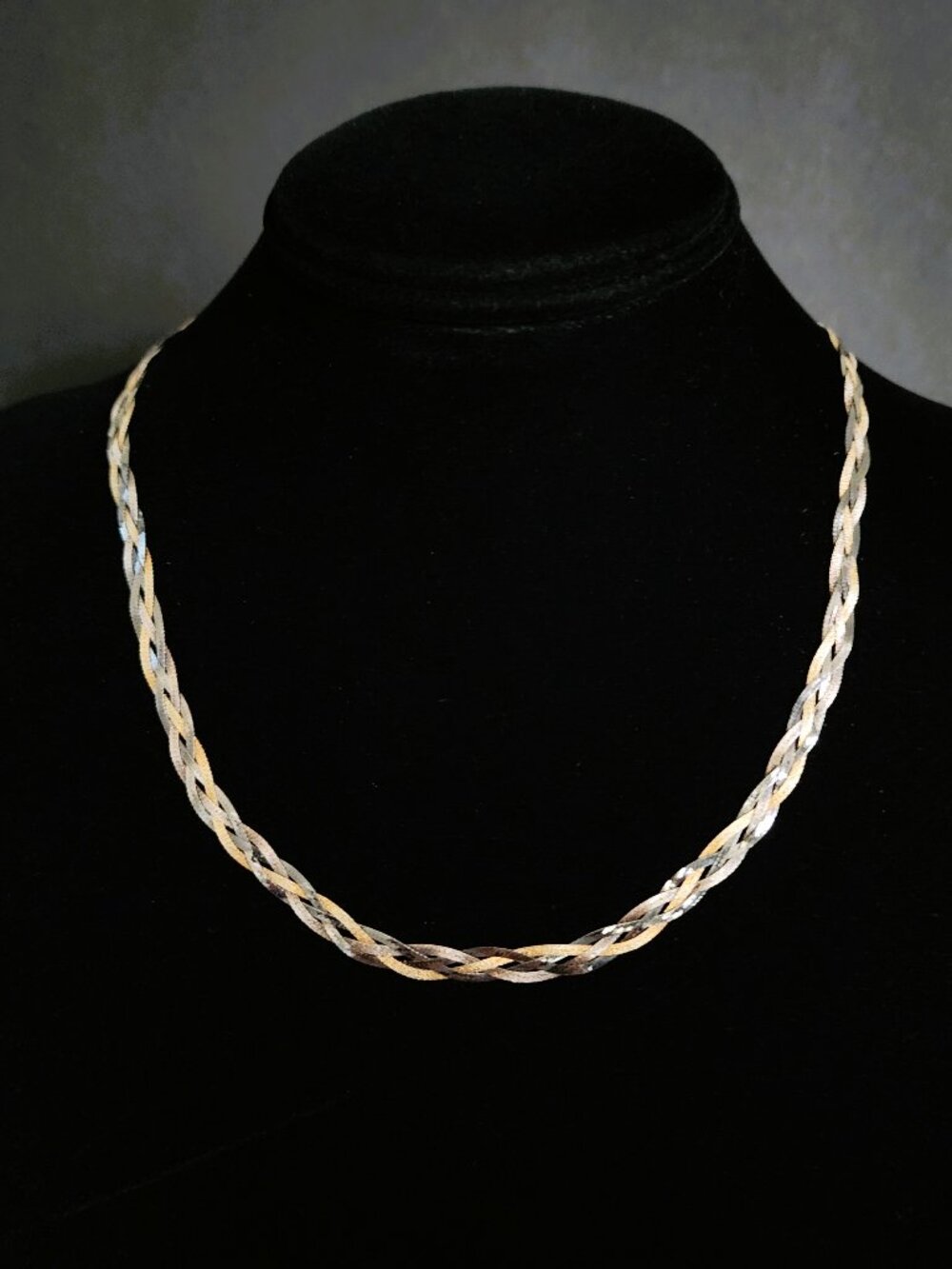 Vintage 80s  Sterling Silver Italy RCI Tri-Tone Braided Herringbone Necklace